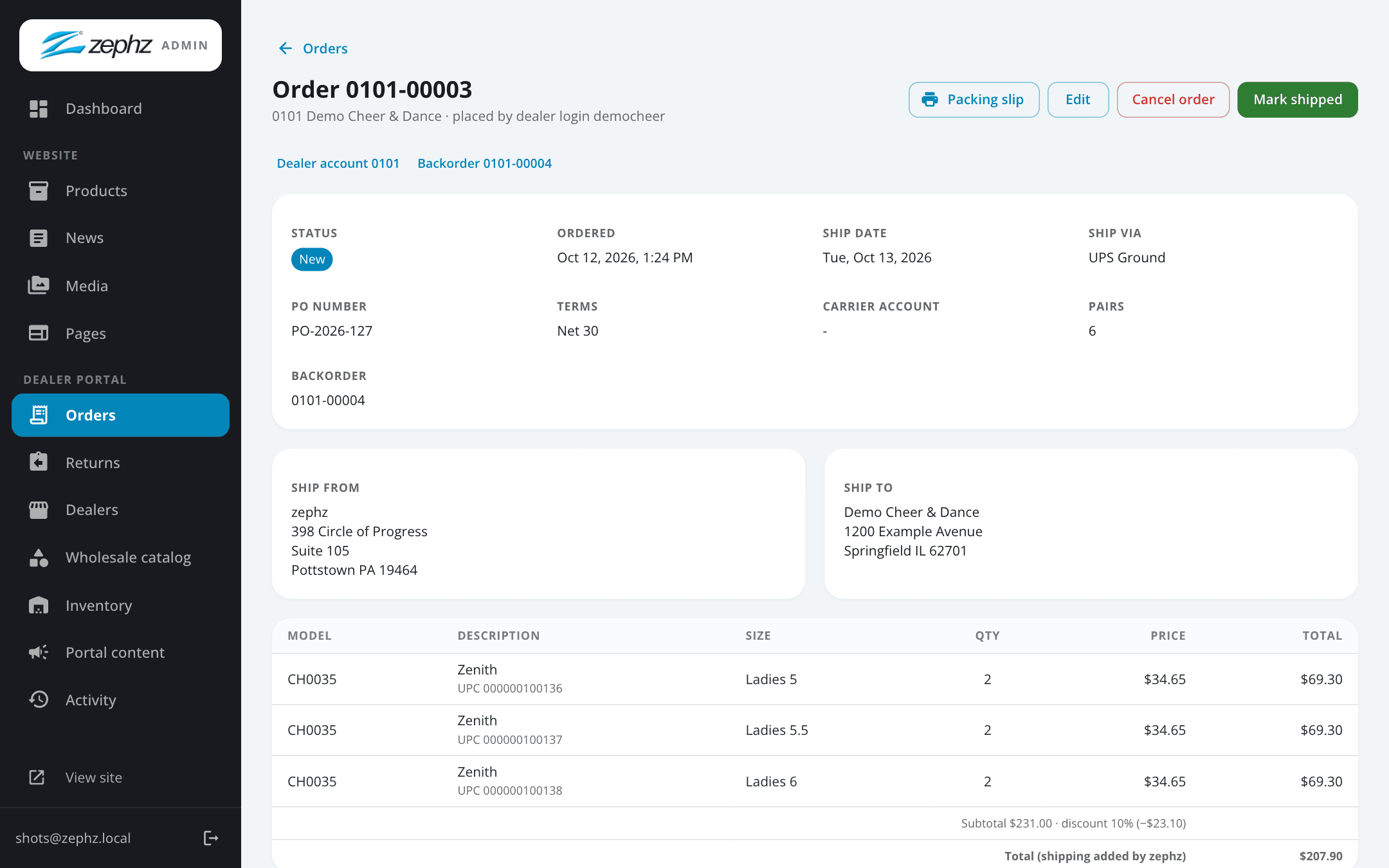 Zephz admin order detail linked to its backorder