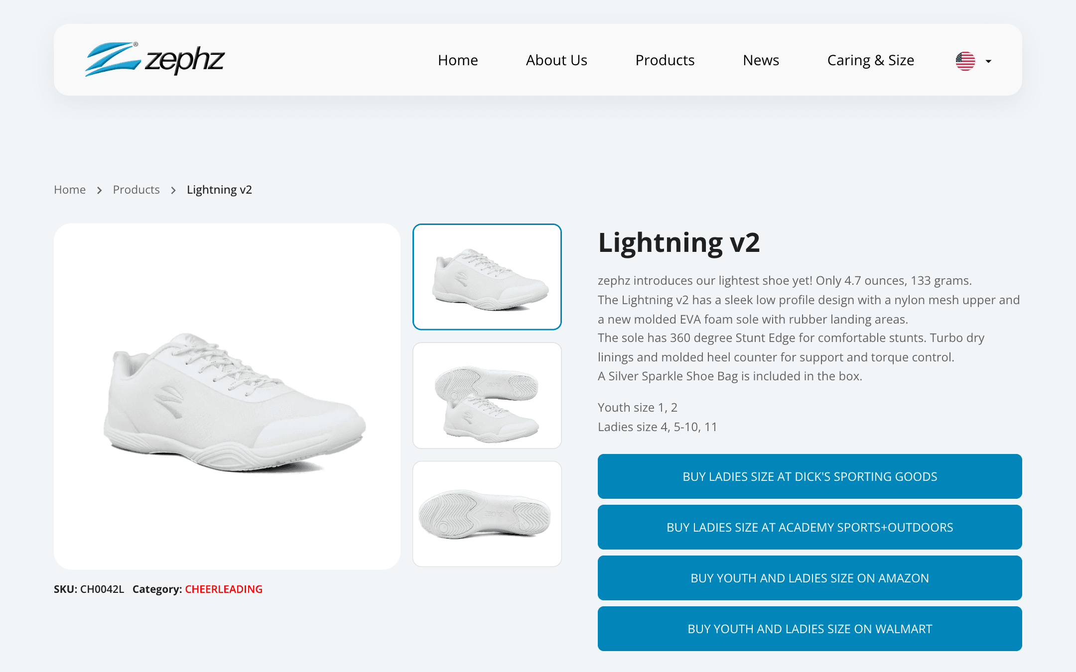 Zephz product page with where-to-buy buttons