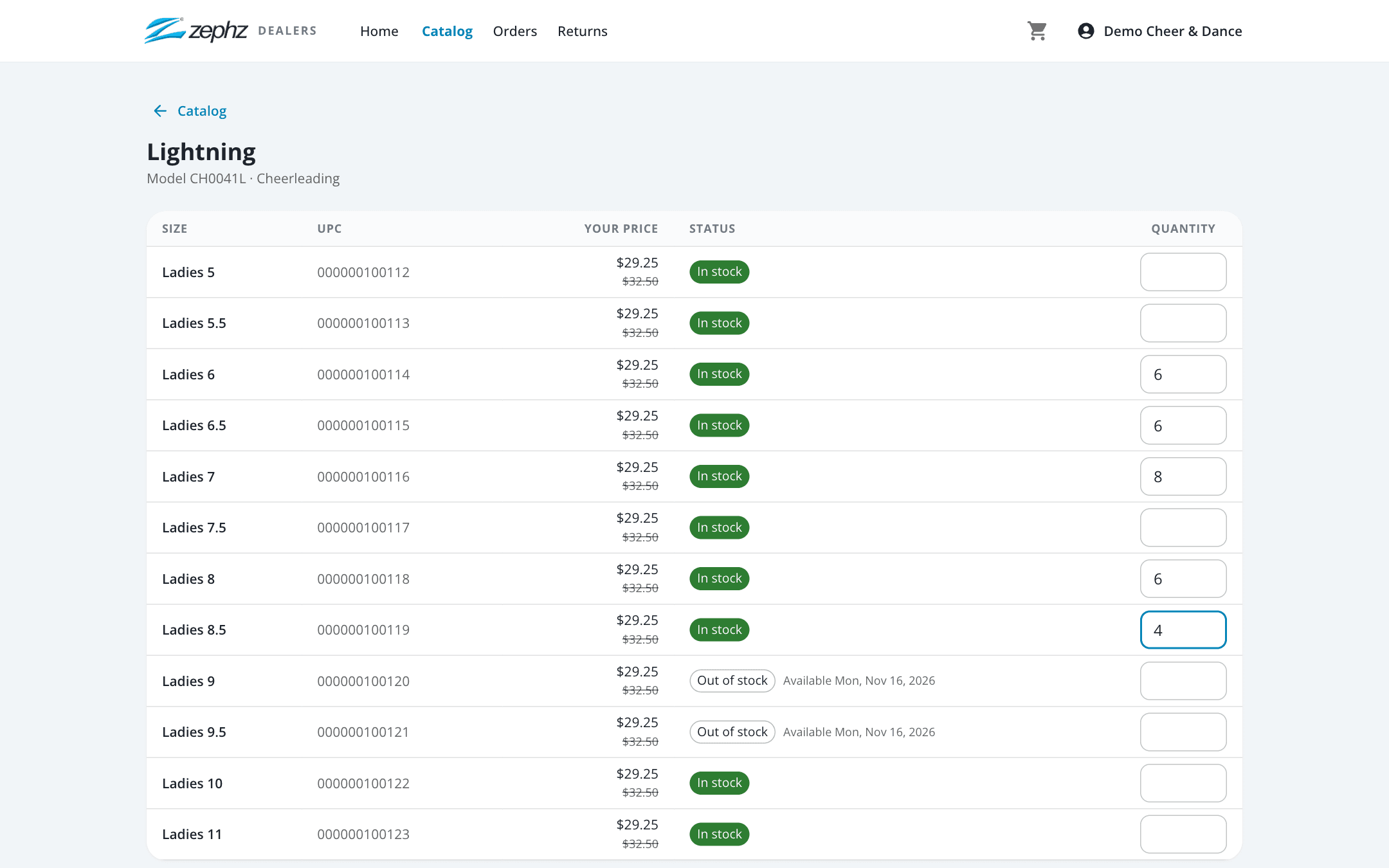Zephz dealer portal: ordering a model by size, with account prices and stock