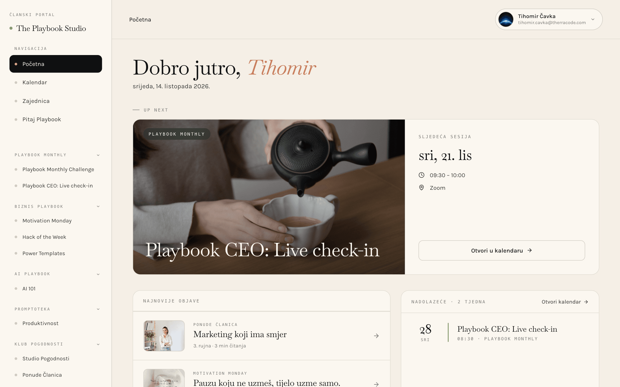 The Playbook Studio member home: today's session, upcoming events and the calendar