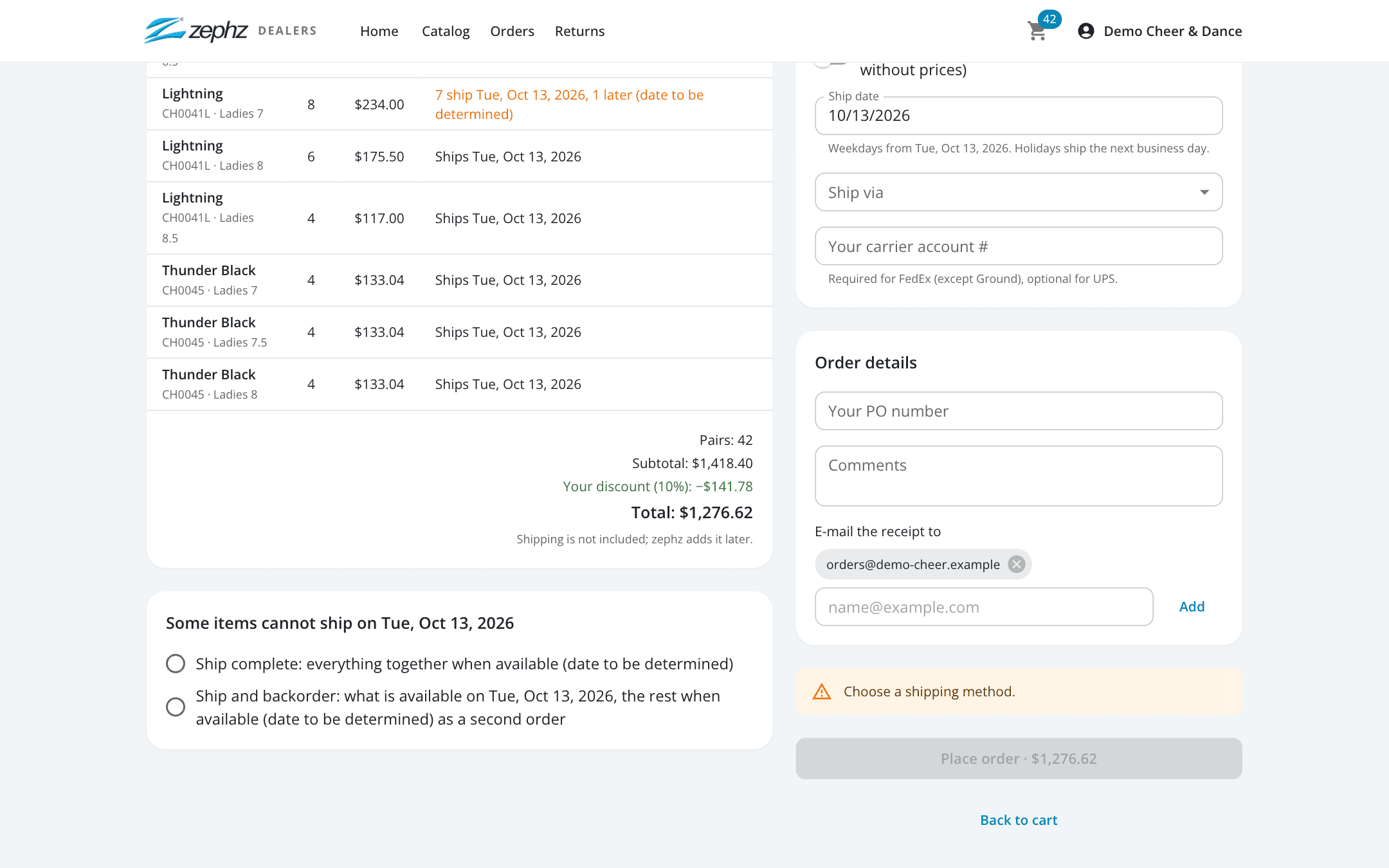 Zephz dealer checkout asking whether to ship complete or split into a backorder