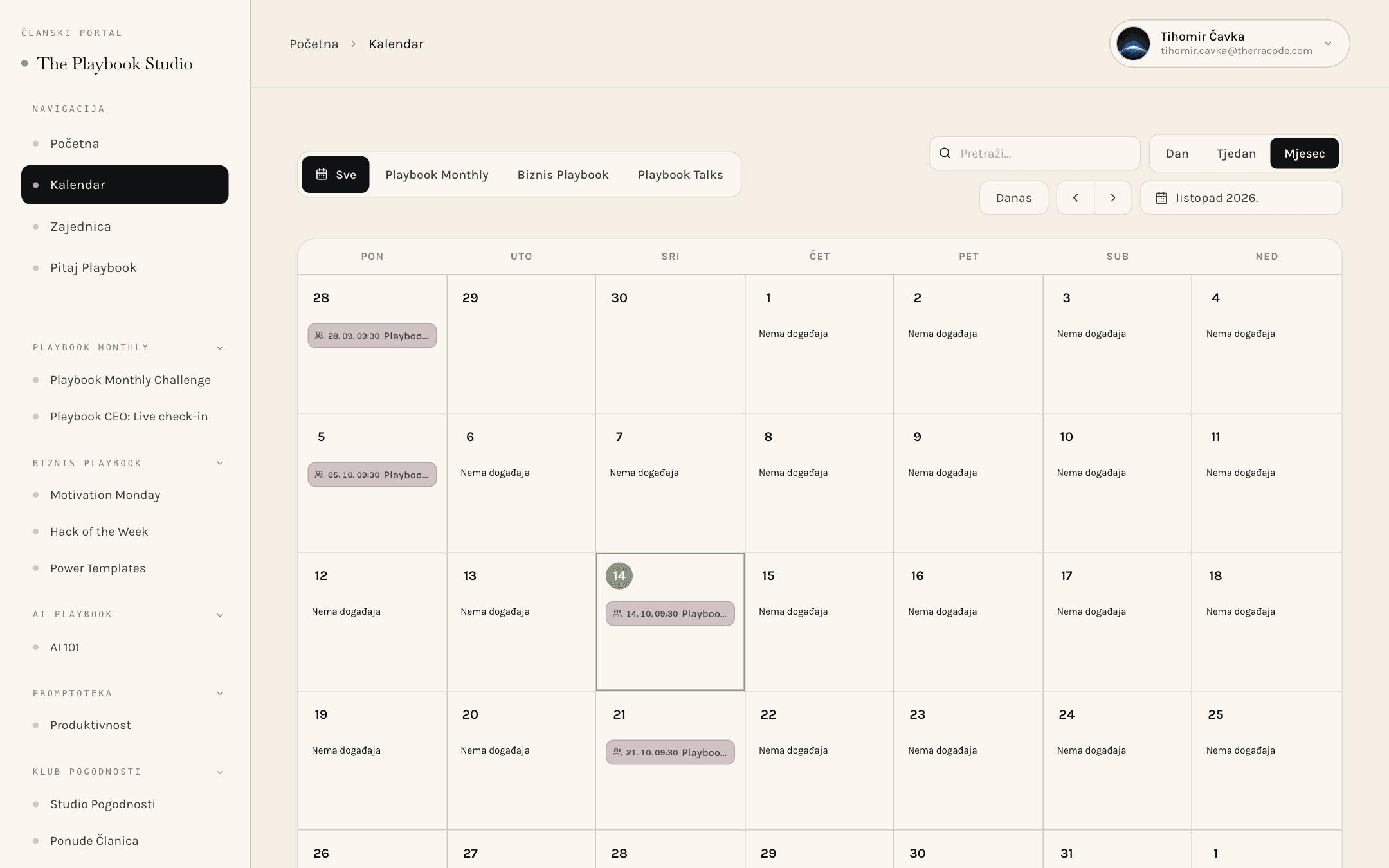 The Playbook Studio calendar, month view