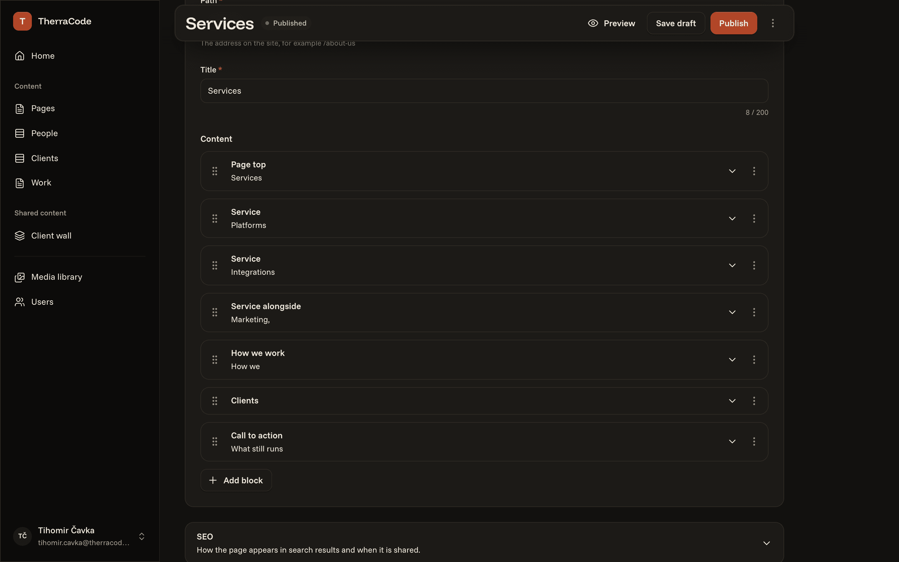 Admin · a page and its blocks