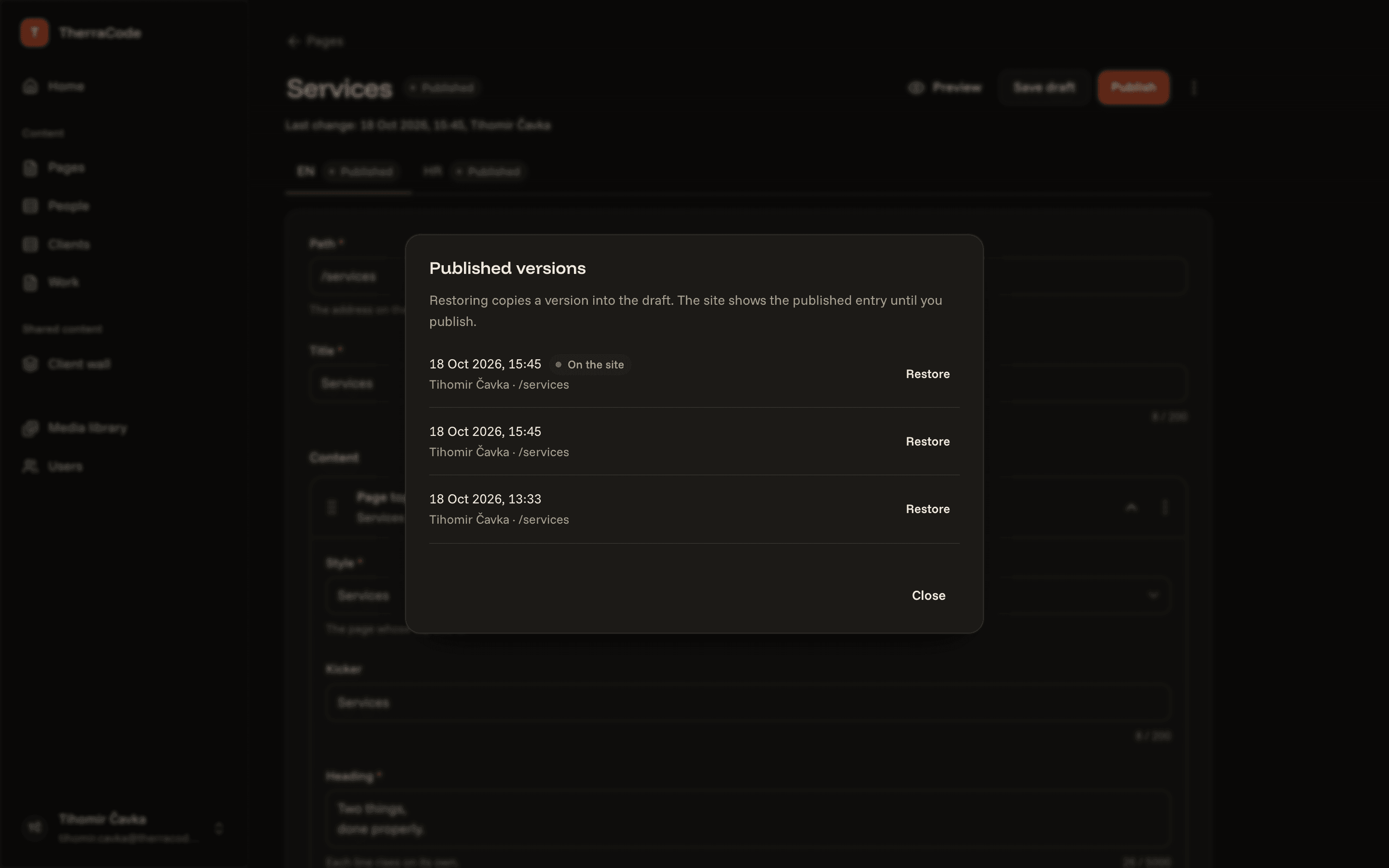 Admin · the versions of a page